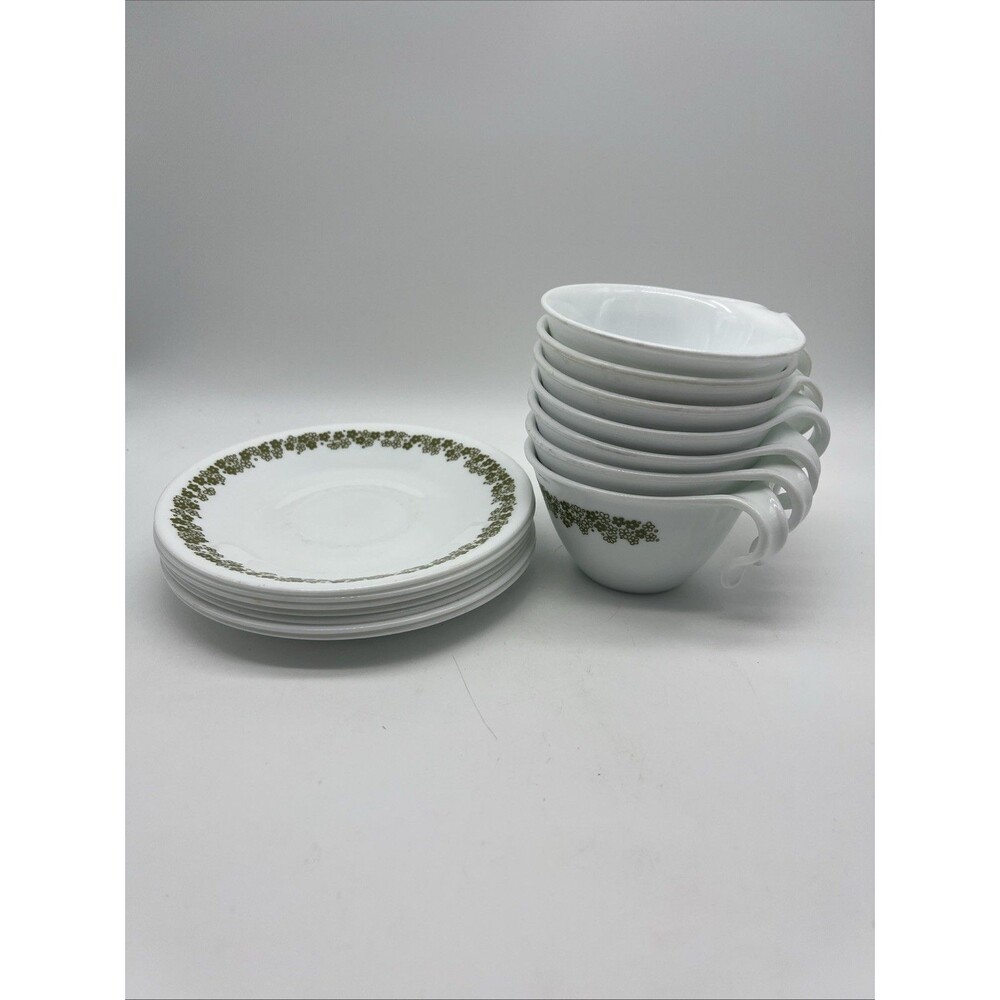 Corelle Crazy Daisy Coffee/Tea Mugs/Cups With Hook Handles And Saucers, Set Of 7
